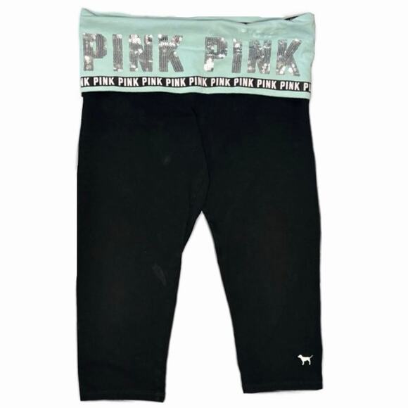 Y2K Victorias Secret Pink Yoga Crop Foldover Leggings Sequin Medium Black Teal - Picture 2 of 8
